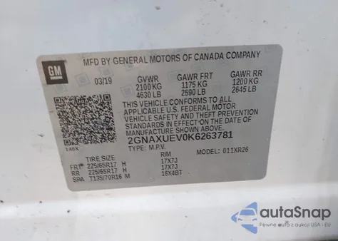 2019 Chevrolet Equinox Lt z USA, uszkodzony, nr VIN 2GNAXUEV0K6263781